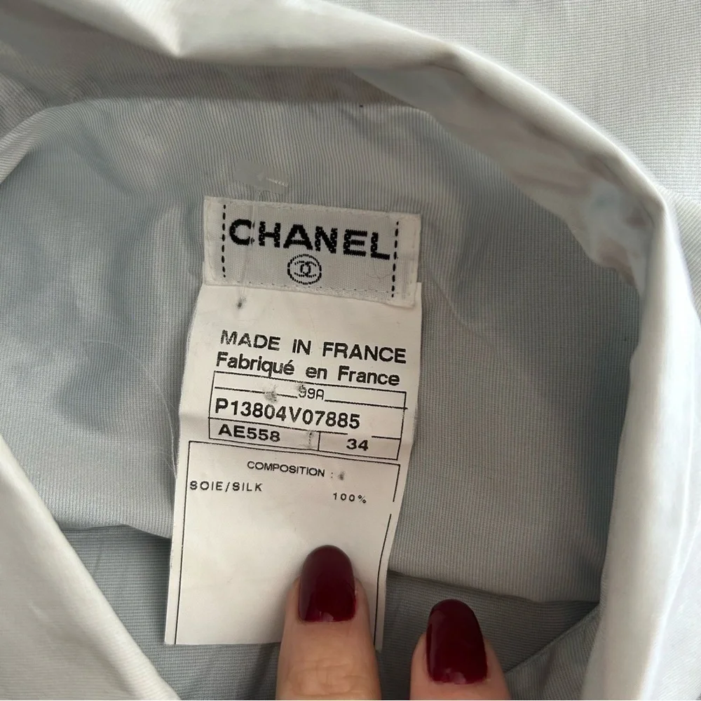 Chanel women Dress Shirt 34 pale blue gray Pearl Button 100%Silk Made in France